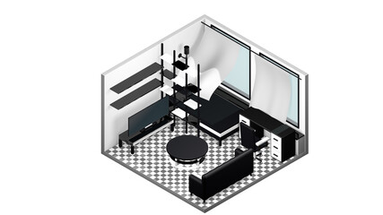 It is black white 3D render room. It is modern room.
