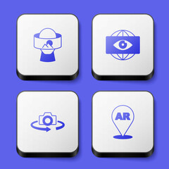 Set Virtual reality glasses, Big brother electronic eye, 360 degree view and Augmented AR icon. White square button. Vector