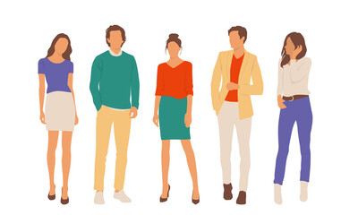 Obraz premium Set of young men and women, different colors, cartoon character, group of silhouettes of standing business people, students, the design concept of flat icon, isolated on white background