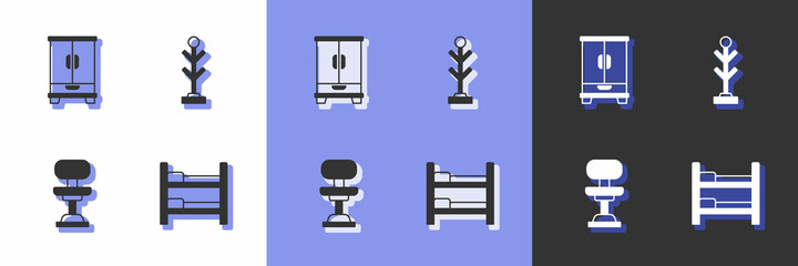 Set Bunk bed, Wardrobe, Office chair and Coat stand icon. Vector