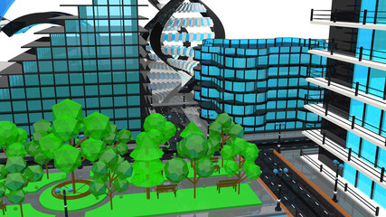 3D render game city. Digital web building, park, lake. Modern glass skyscraper