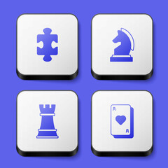 Set Puzzle pieces toy, Chess, and Playing cards icon. White square button. Vector