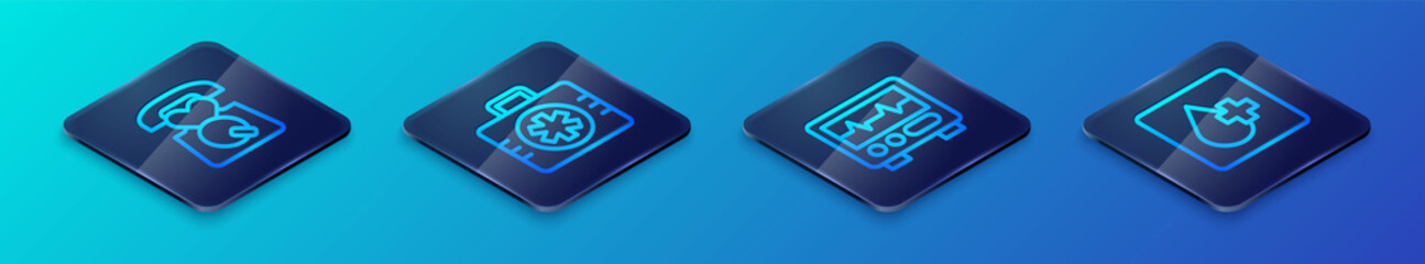 Set Isometric line Monitor with cardiogram, Emergency call 911, Blood test and First aid kit icon. Vector