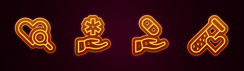 Set line Medical heart inspection, Cross hospital medical, prescription and Test tube with blood. Glowing neon icon. Vector