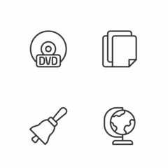 Set line Earth globe, Ringing bell, CD or DVD disk and File document icon. Vector