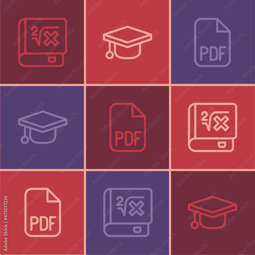 Poster set line book with mathematics, pdf file document and graduation cap icon. vector