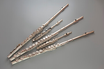 Large and small flutes are spread out on a gray surface
