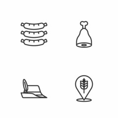 Obraz premium Set line Wheat, Oktoberfest hat, Sausage and Chicken leg icon. Vector