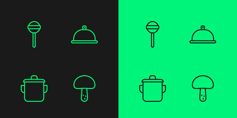 Set line Mushroom, Cooking pot, Lollipop and Covered with tray of food icon. Vector