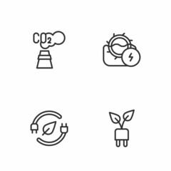 Set line Electric saving plug in leaf, CO2 emissions cloud and Water mill icon. Vector