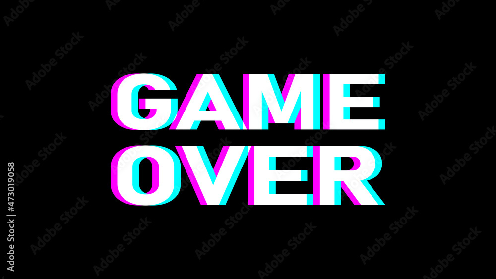 Poster game over screen message sign or icon with glitch effect and an aspect ratio of 16:9. vector image.
