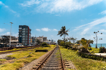 Tropikalny krajobraz z torami kolejowymi, piękny słoneczny dzień i palmy. - obrazy, fototapety, plakaty