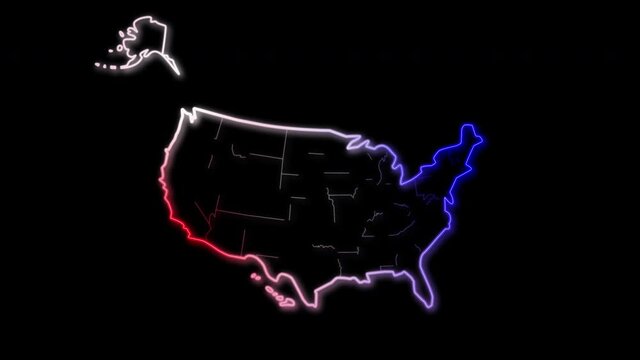 USA map glowing white red and blue self drawing outline. Appear on black background. Alpha channel, luma mask.