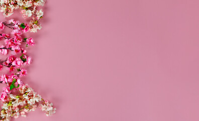 Overhead view of left side border of cherry blossoms on pink background for Mothers Day or Easter holiday