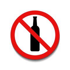 No alcohol signwith red round crossed on white background. Not allowed alcohol symbol. Vector illustration in trendy round flat style. EPS 10