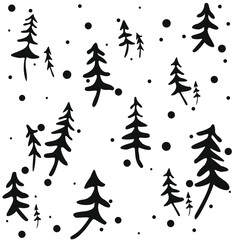Obraz premium Seamless pattern of Christmas snow and christmas trees. Vector Doodle illustration spruce and snowflakes in different shapes and forms. Seamless pattern for winter and christmas theme.