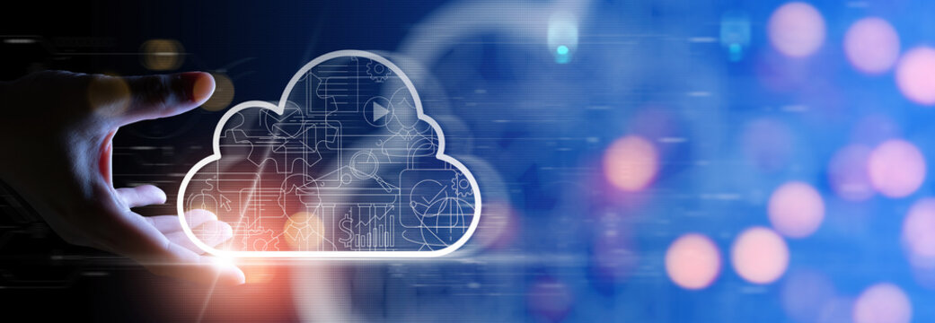 Business hand holding icon Ui of Cloud Computing Technology Internet Storage Network Concept.Cloud server data storage for global business network concept.