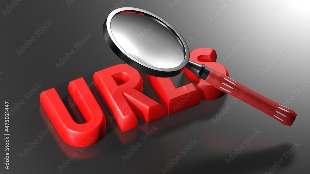 Aufkleber magnifier lens over write urls in red letters on black surface - 3d rendering illustration