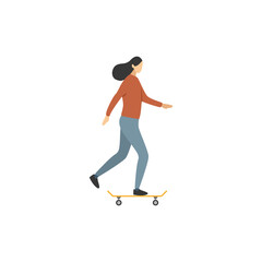 Girl riding a skateboard. Flat vector isolated illustration on white background.