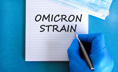 New covid-19 omicron variant strain symbol. Hand in blue glove with white note. Concept words...