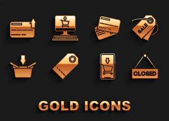 Set Blank label template price tag, Price with inscription Sale, Hanging sign text Closed, Mobile phone and shopping cart, Shopping basket, Credit card, and screen computer icon. Vector