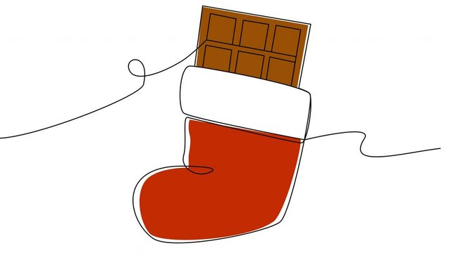 Self-drawing of Santa's boot with gift one line. 2D animation of drawing a chocolate bar over the fireplace. 4k stock video with alpha channel for whiteboard, chalkboard, presentation.
