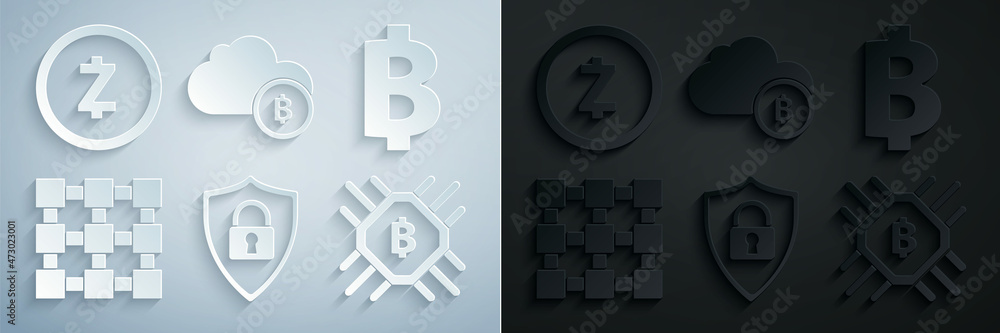 Poster set shield security with lock, cryptocurrency coin bitcoin, blockchain technology, cpu mining farm, 