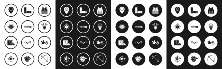 Set Hunting jacket, Sniper optical sight, on bear with crosshairs, place, Deer head antlers, Cartridges, duck and Hunter boots icon. Vector