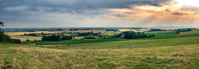 Naklejka premium Panorama of agricultural fields, houses and farms view from highest point in Denmark, Ejer Bavnehoj.