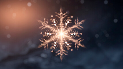 Dark festive background with golden snowflake, snow, abstract golden Christmas decoration with festive lights. New Year's abstraction, magical holiday atmosphere. 3d illustration. 