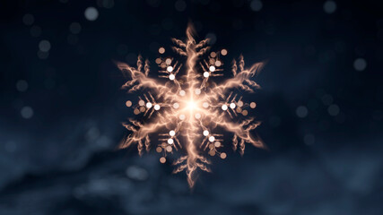 Dark festive background with golden snowflake, snow, abstract golden Christmas decoration with festive lights. New Year's abstraction, magical holiday atmosphere. 3d illustration. 