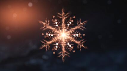 Dark festive background with golden snowflake, snow, abstract golden Christmas decoration with festive lights. New Year's abstraction, magical holiday atmosphere. 3d illustration. 