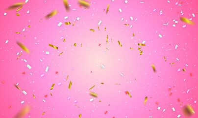 Golden and colorful confetti sparkles on pink pastel trendy background. Luxury festive background. The theme of a Christmas, New Year, Holiday, Party, Celebration and a Birthday. Vector EPS10