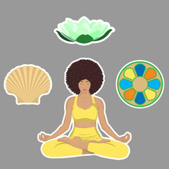 Obraz na płótnie Canvas Yoga Stickers. Girl with African hair sits in lotus position