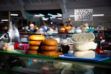 Cheese stall in market