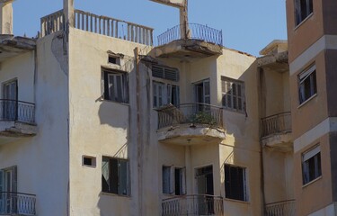 Fototapeta na wymiar Varosha, once famous beach resort destination is now spooky ghost town, only with few tourist.12.07.2021 Famagusta, Northern Cyprus