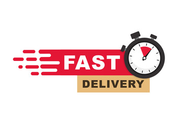 Fast delivery icon. Express delivery and urgent delivery, services, stopwatch sign. Timer and express delivery inscription. Fast delivery logo design. Vector illustration