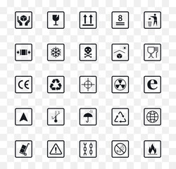 Packaging symbols set on transparent background. Collection of cargo symbols, packaging icons, packaging signs. Such as: recycle, don't litter, handling with care, flammable and other. Vector