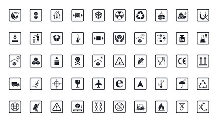Packaging symbols set on white background. Collection of cargo symbols, packaging icons, packaging signs. For box, design, infographic. Lncluding fragile, recycle, handling with care. Vector