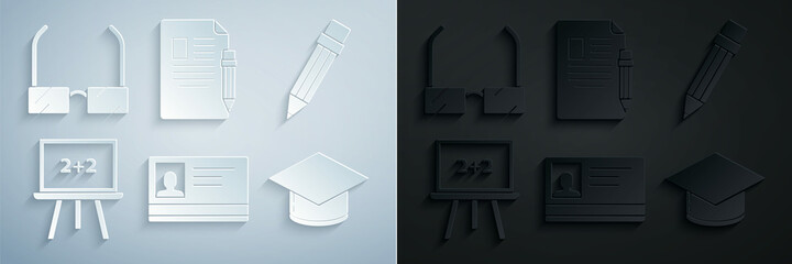 Set Identification badge, Pencil with eraser, Chalkboard, Graduation cap, Exam sheet and pencil and Glasses icon. Vector