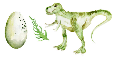 Tyrannosaurus with egg and fern branch watercolor seamless pattern.