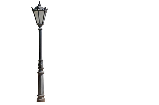 Vintage gray electric city street lamp on white isolated background close up