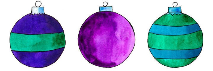 Christmas balls set. Watercolor illustration