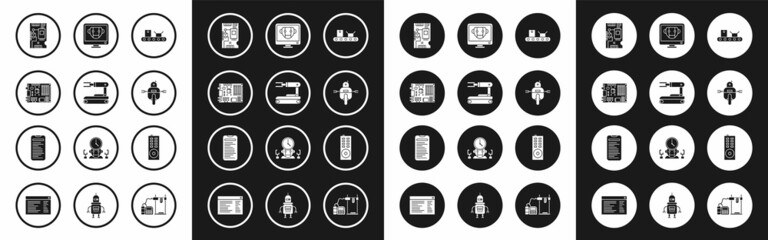 Set Conveyor belt with cardboard box, Robot, Electronic computer components motherboard digital chip, Bot, Remote control and Computer api interface icon. Vector