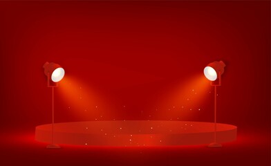 Red Winner stage, podium illuminated by floor lamps. Empty pedestal with illuminated projector. Light sources, flood light. Concept for product. display podium.Vector