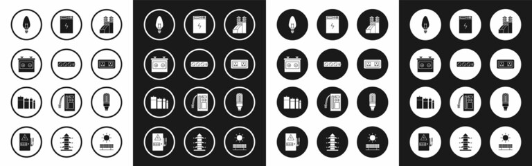 Set Nuclear power plant, Electric extension cord, Car battery, Light bulb, Electrical outlet, Power bank, LED light and Battery icon. Vector