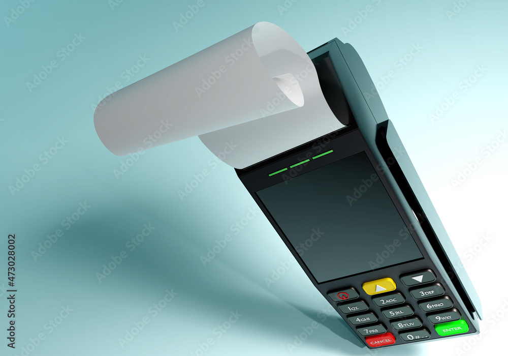 Aufkleber credit card reader. payment terminal with a roll of paper receipt. pos-terminal with receipt. design
