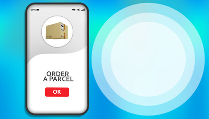 Delivery of parcels. Online delivery order. Courier application in smartphone. Cardboard box on phone screen. Tracking shipments. Place for text. Mobile app of the courier service. 3d image