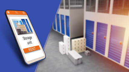 Rent storage unit in app. Rent a warehouse using a smartphone. An application for renting warehouse premises. Smartphone on the background of warehouse boxes. Modern storage technologies. 3d image