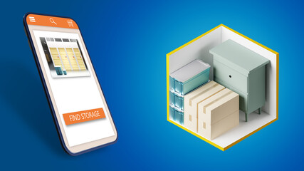 Self storage rent app. An application for searching for storage. The smartphone is next to the layout of the self-storage unit. Finding space for safekeeping. Warehouse on blue background. 3d image